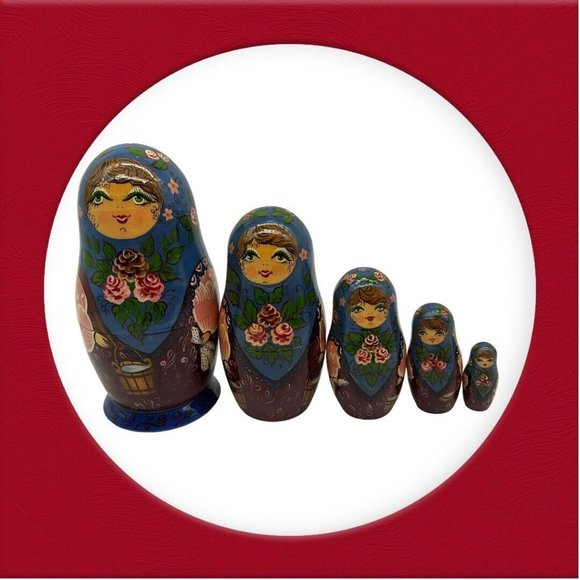 Russian Handpainted Wooden Nesting Dolls - Set of 5 - Tallest is 6" Dated 1992 - Picture 5 of 16